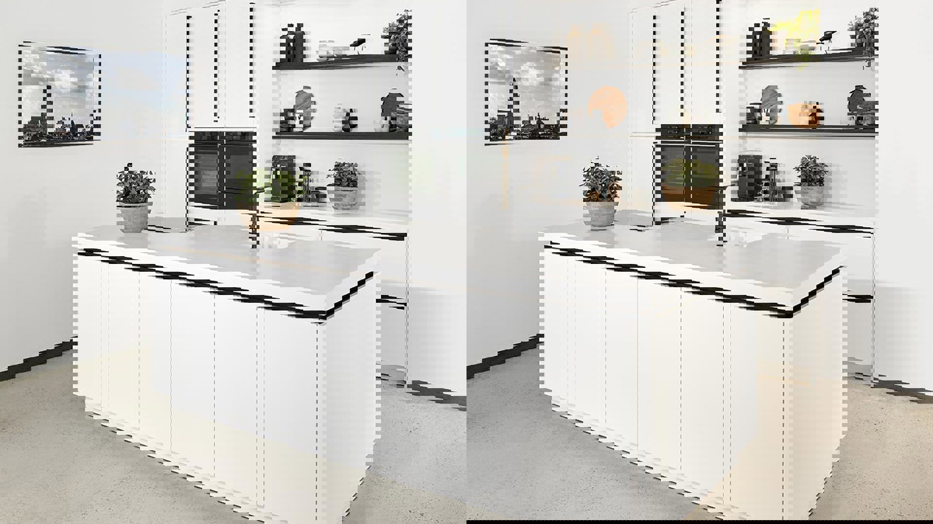 Moderne eilandkeuken wit, met greeploze fronten en ton-sur-ton kleuren