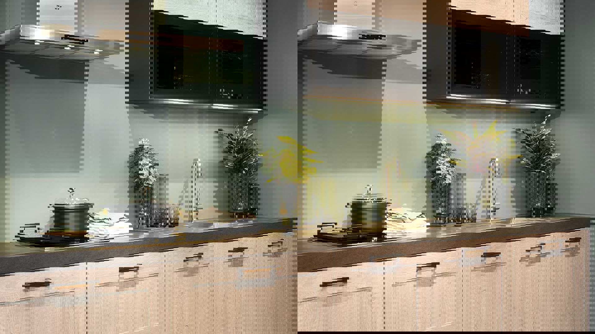 Rechte houten keuken met een keramiek aanrechtblad