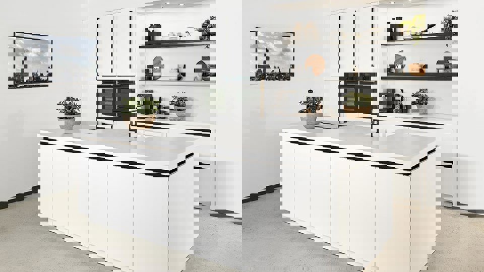 Witte keuken met eiland, voorzien van zwarte accenten