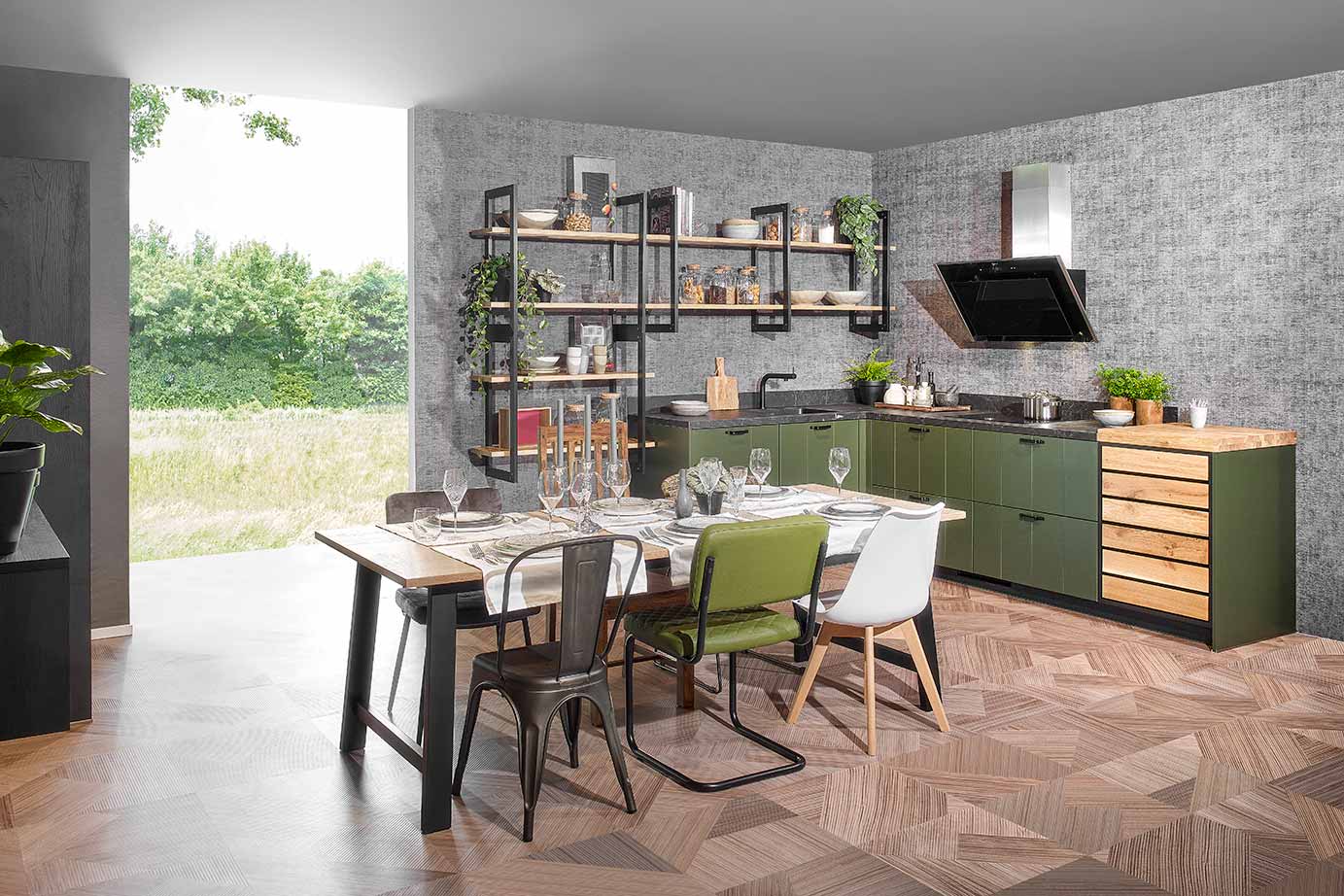 Industriële groene hoekkeuken