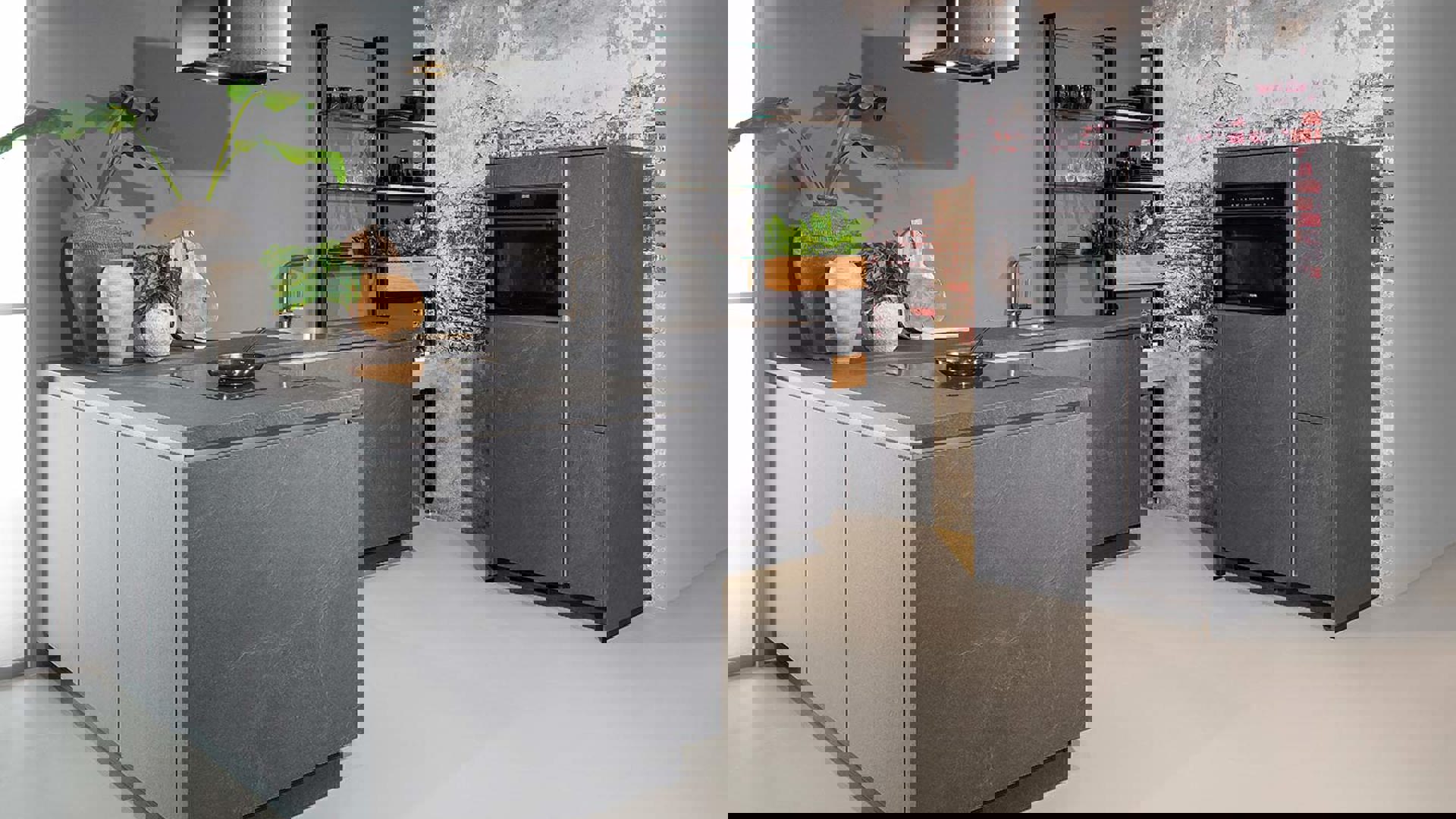 Moderne grijze hoekkeuken, leisteen