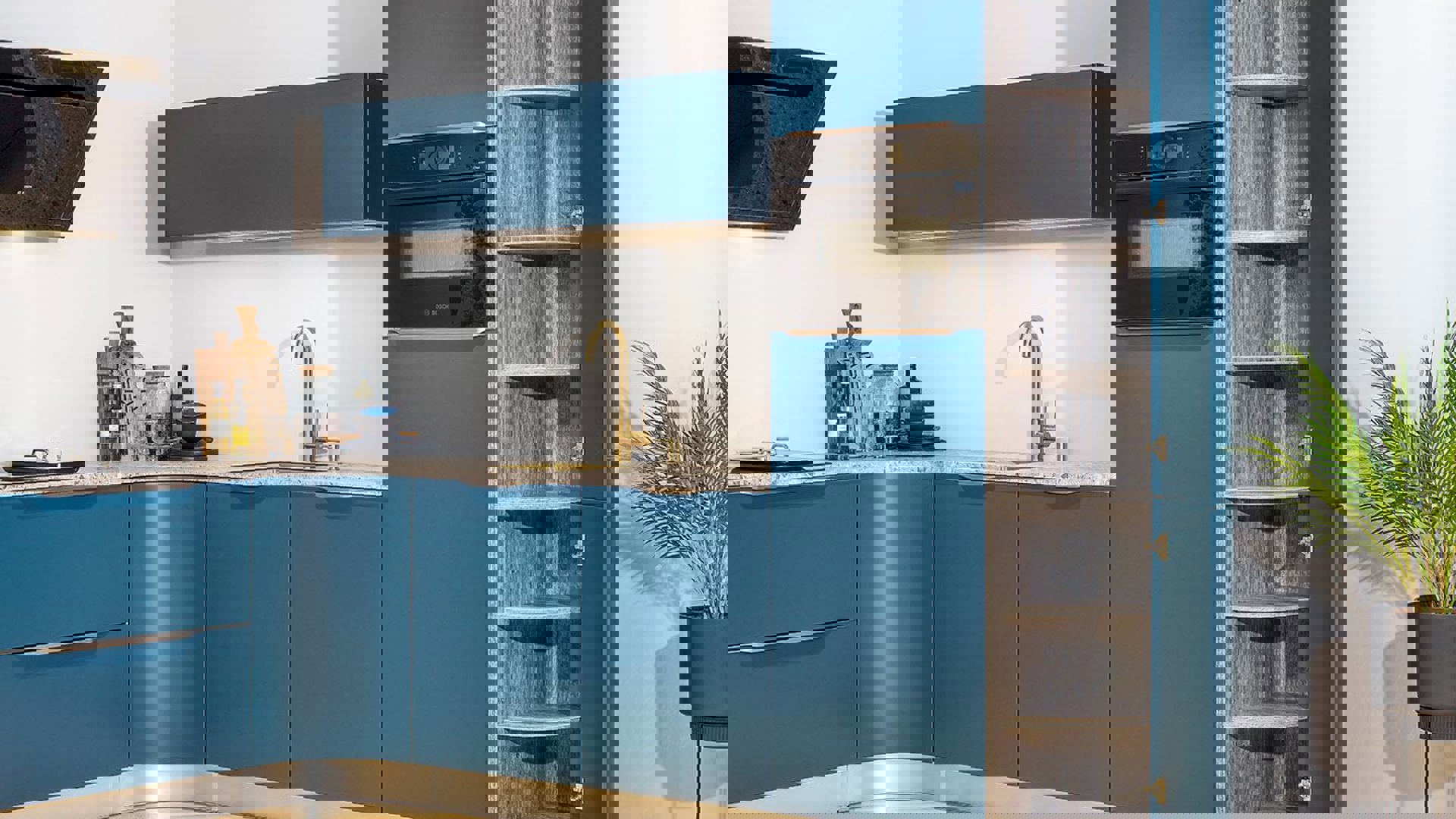 Blauwe ronde hoekkeuken, hoekkast