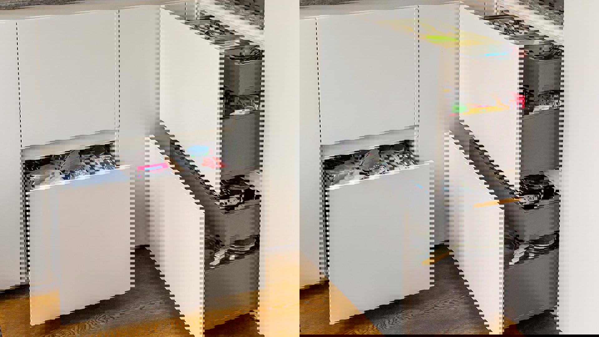 Witte hoekkeuken Zwolle, greeploze lades