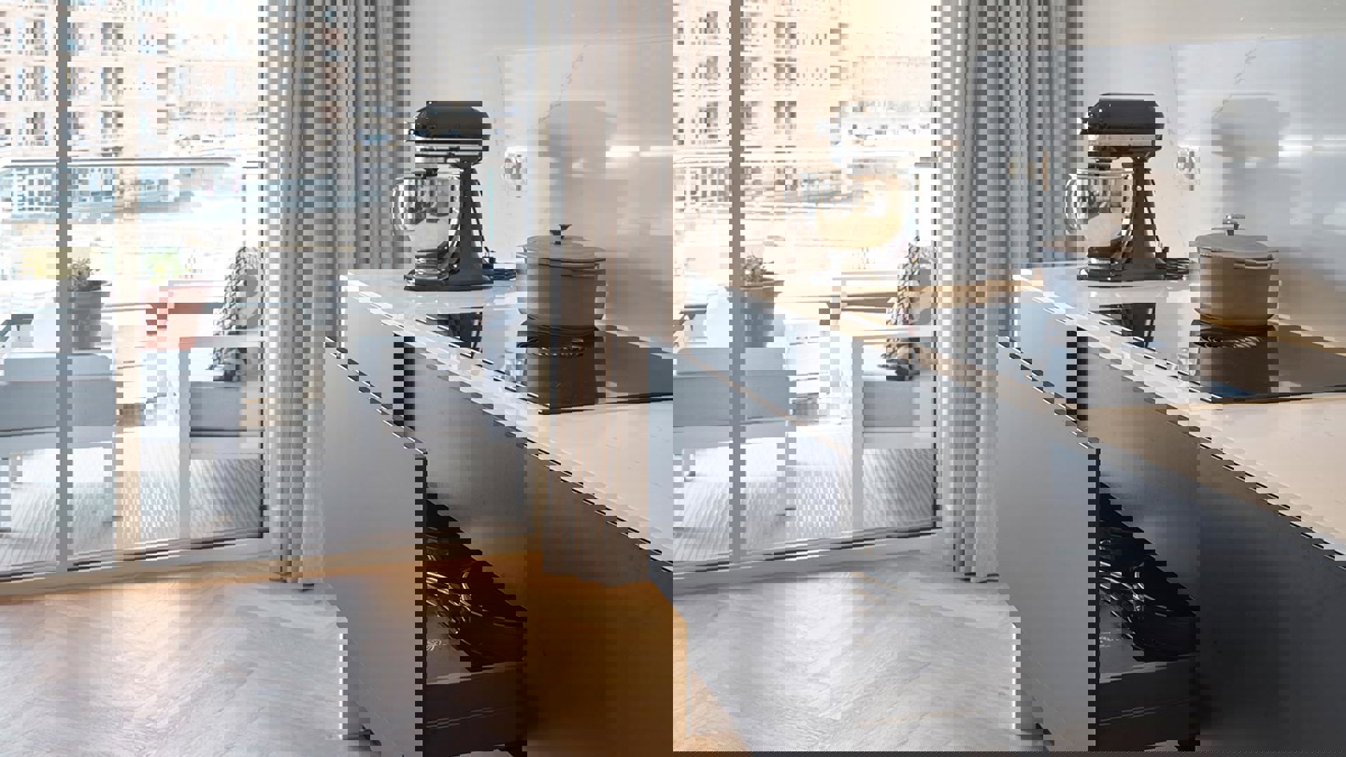 Moderne hoekkeuken Amsterdam, zwarte brede lade