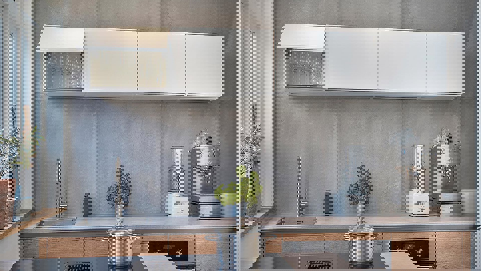 Greeploos houten keuken Haarlem, witte klepkasten