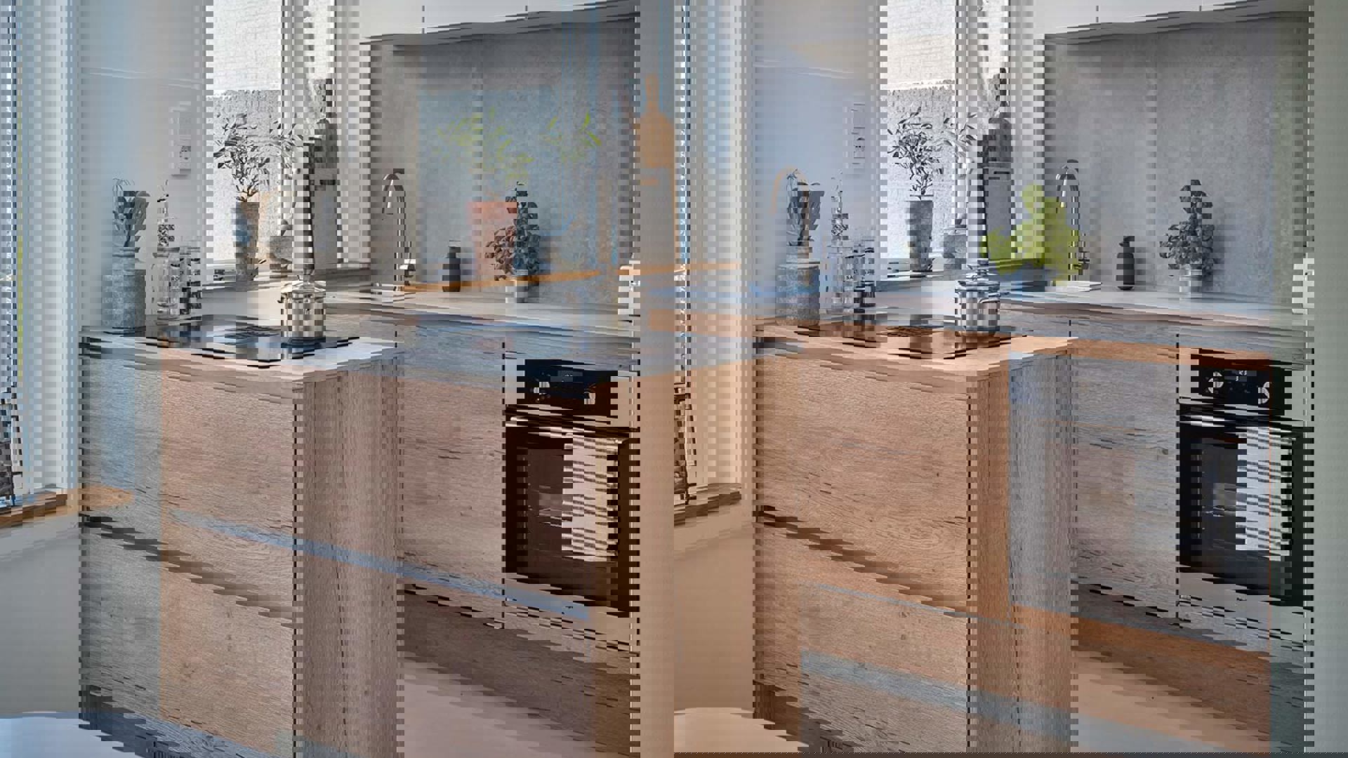 Greeploos houten keuken Haarlem, brede lades