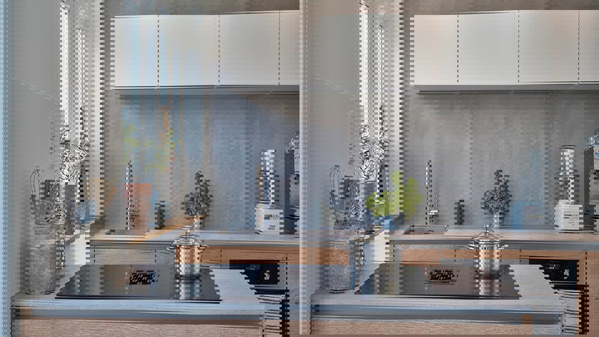 Greeploos houten keuken Haarlem, inductiekookplaat met afzuiging