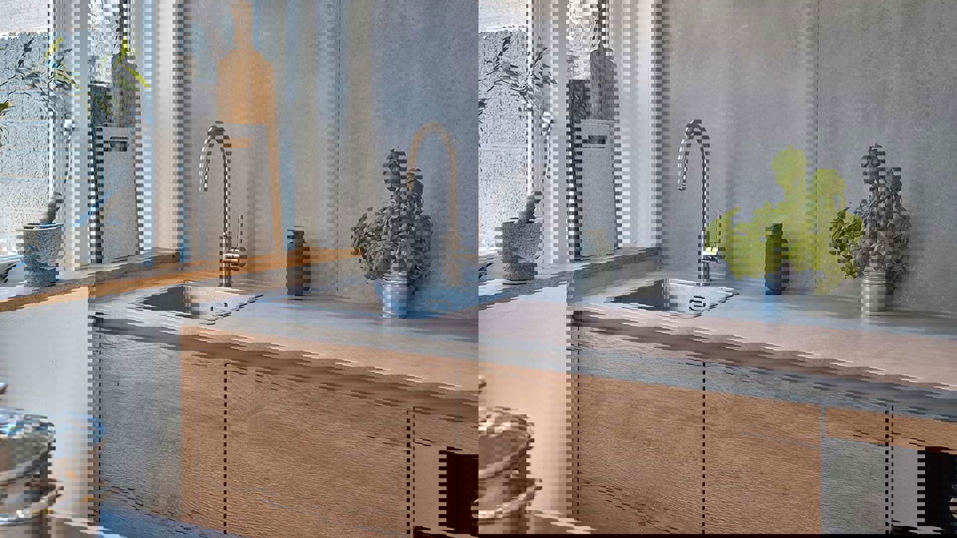 Greeploos houten keuken Haarlem, kraan en spoelbak