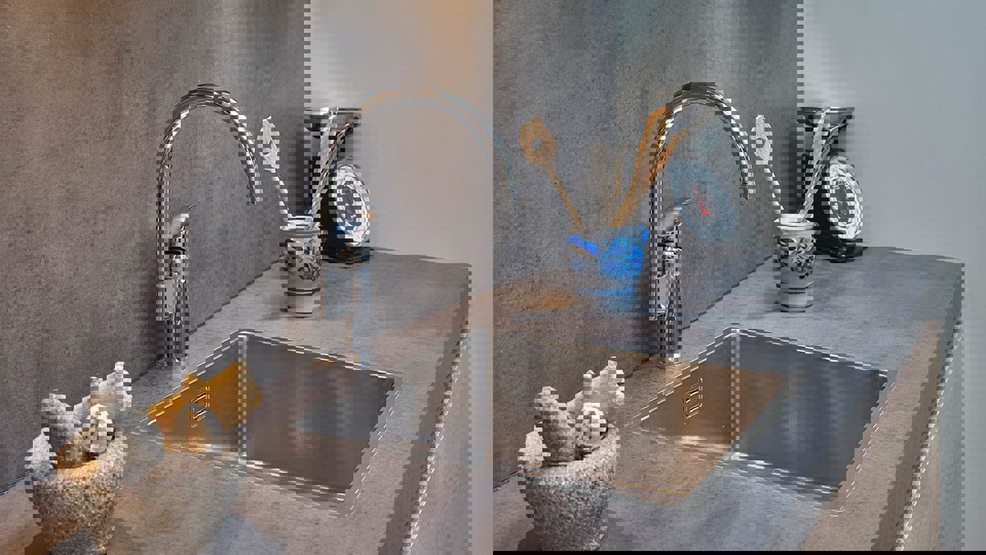 Houten greeploze keuken Middelburg, kraan en spoelbak