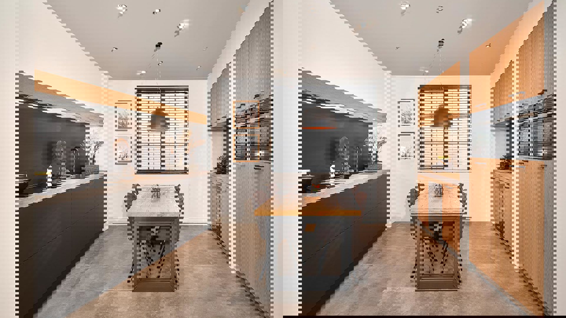 Industriële keuken, zwart met houten fronten